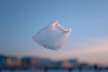 Poster - single transparent plastic bag effortlessly floats against clean empty urban sky with people blurred