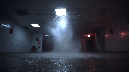 Aufkleber - Fire sprinkler system activating in a room with water spraying down