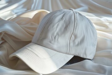 Poster - Stylish white baseball cap presented on luxurious silk fabric, illuminated by natural sunlight, creating a fashionable and elegant scene