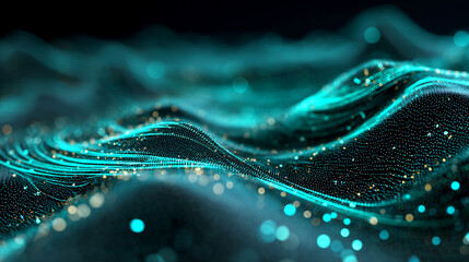 Poster - abstract teal and gold particle wave, flowing smoothly creating a dynamic and elegant visual, perfec