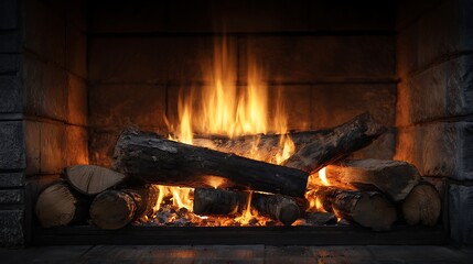 Aufkleber - Fireplace with burning logs, fireplace with burning wood, fireplace background