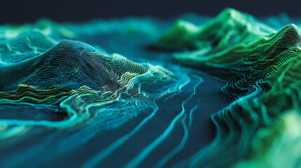Poster - Abstract teal and green digital landscape, formed by glowing particles, creating a flowing, wavy texture, symbolizing technology, data, or digital world