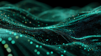 Poster - Abstract teal and gold particle wave texture, creating a flowing, dynamic visual effect, showcasing elegance and modern design, ideal for digital backgrounds