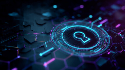 Poster - Neon keyhole in glowing circular interface on dark hexagonal background, symbolizing digital security and data protection