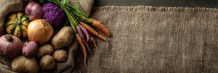 Poster - Autumn Harvest of Colorful Vegetables Displayed on a Rustic Burlap Surface in Natural Lighting