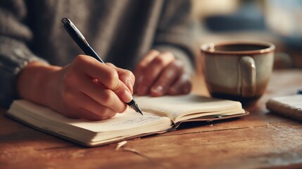 Aufkleber - Focused writer jots down important notes in an open notebook with a pen