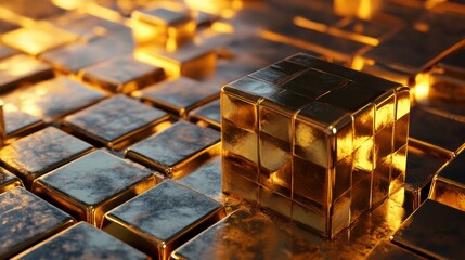 Poster - Close-up of golden cubes, textured surface,  illuminated, 3D render.