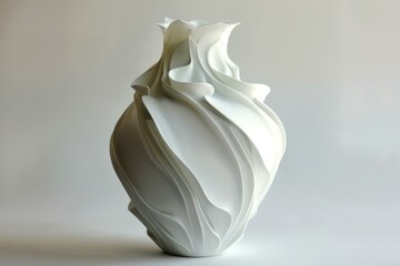 Poster - Modern white ceramic vase with a unique swirling and flowing design, creating an artistic and elegant piece