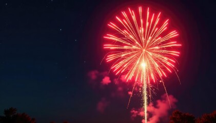 vibrant fireworks exploding in a night sky, displaying fiery red, orange, and yellow flames , sparks