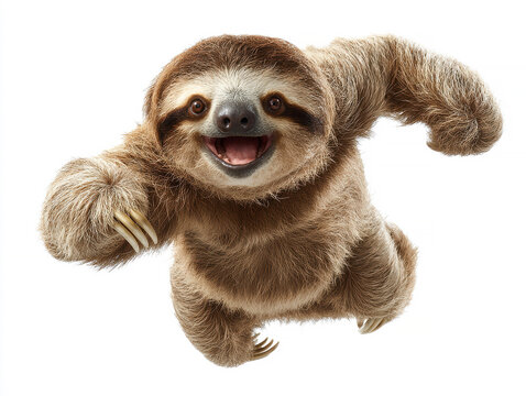 3D rendered sloth in motion, brown fur, large eyes, broad smile, outstretched arms, angled body, turned head, small rounded ears, sunglasses, plain white setting, bright lighting with s - AI-Generated