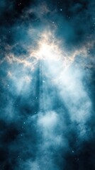 Poster - Ethereal Light Rays Shining Through Blue Clouds Vertical View Celestial Sky Scene Abstract Atmospheric Glow Spiritual Hopeful Concept