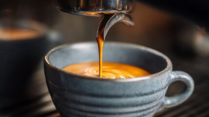 Poster - Fresh espresso is being poured into a grey ceramic cup from a coffee machine, capturing the rich crema on top and the vibrant color of the coffee, perfect for coffee enthusiasts