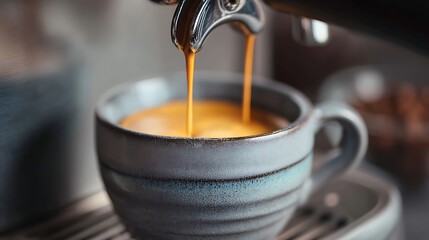 Poster - Fresh espresso is being poured into a grey ceramic cup from a coffee machine, capturing the rich crema on top and the vibrant color of the coffee, perfect for coffee enthusiasts