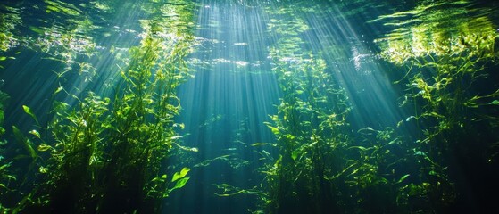 Poster - Underwater Spring Scenery with Sun Rays Shining Through Water and Green Aquatic Plants in Crystal River Florida