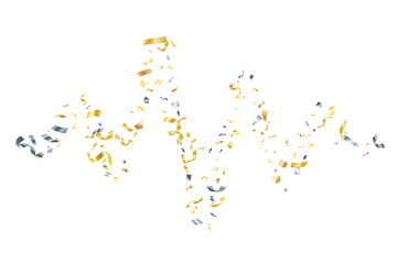 Wall Mural - Silver gold flying confetti vector background. Party blazing striking decor. Anniversary confetti streamers. Award or gift decor elements. Premium gold silver tinsels.