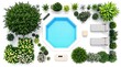 © MJ GraPhic - Overhead view of a beautiful outdoor pool area with landscaping and lounge chairs