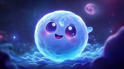 Poster - cute glowing moon character floats in space amongst clouds and stars.
