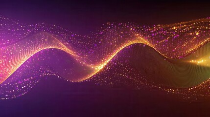 Poster - Abstract flowing light wave with sparkling particles on dark purple background digital art graphic design