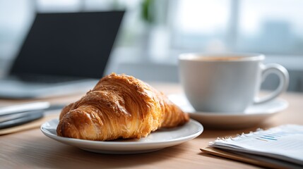 Poster - Fresh tasty croissant and a cup of coffee against the background of the workplace of a businessman, student, manager, freelancer, financial analyst, coffee time at work, remote work, stay home concept