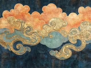 Poster - Ornate cloudscape design with gold accents on textured blue background, artistic rendering, detailed pattern, elegant motif