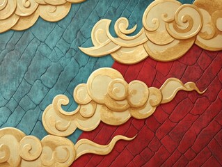 Poster - Golden clouds on textured blue and red background in Asian style wallpaper design element close up