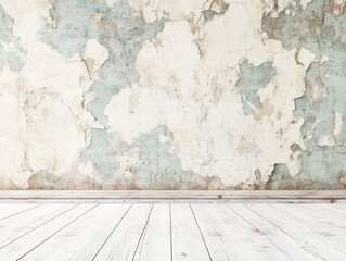 Poster - Interior view of aged wall with peeling paint and weathered white wood floorboards studio shot