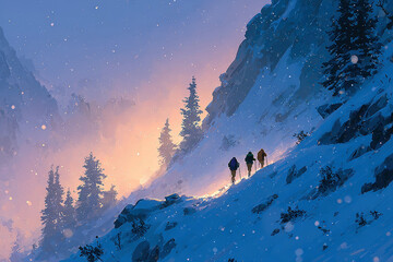 Fototapete - a winter scene on a mountain trail at dusk, with two hikers in snowy attire ascending against a vibr