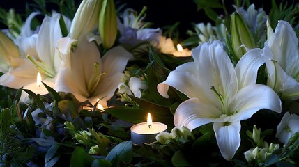 Poster - Funeral tribute with white lilies and flickering candles