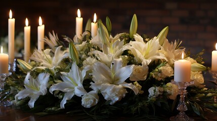 Aufkleber - Funeral tribute with white lilies and flickering candles
