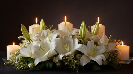 Aufkleber - Funeral tribute with white lilies and flickering candles