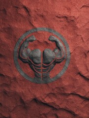 Poster - Fitness Gym Logo Displayed Over an Abstract Muscle Texture Background in a Modern Design That Emphasizes Strength and Physical Excellence