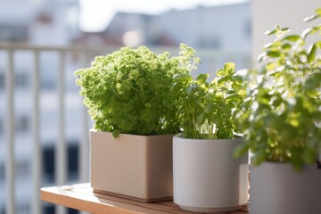 Poster - compact urban garden setup featuring potted plants on minimalist balcony with ample natural light