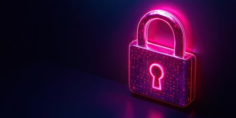 Poster - A glowing pink neon padlock on a dark background. Great for cybersecurity, user access control, or privacy-related tech websites.