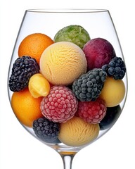 Poster - Colorful frozen fruit and sorbet scoops filling a wine glass on white background studio shot close up