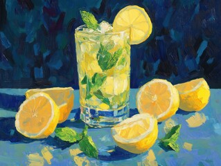 Poster - Refreshing Lemonade Drink with Mint and Lemon Slices Still Life Oil Painting Style