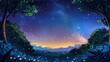 © Sami - A dreamy night scene with starry sky trees foliage and yellow flowers in the foreground view