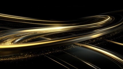Poster - Abstract golden light streaks flowing on black background, dynamic motion, elegant design, modern art, digital illustration