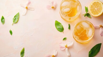 Poster - Refreshing Lemonade with Basil and Flowers Flat Lay on Textured Background Summer Drink Still Life