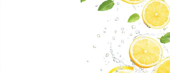 Poster - Fresh Lemon Slices and Mint Leaves with Splashing Water on White Background Studio Shot Refreshment Concept