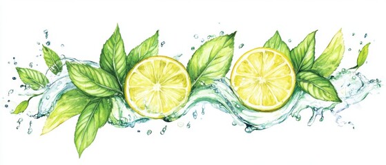 Poster - Watercolor Lemons and Mint Leaves with Water Splash on White Background Artistic Still Life Fresh Summer Design