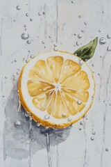 Poster - Lemon Slice in Sparkling Water Still Life Oil Painting Style Refreshing Drink Ingredient Close Up Studio Shot
