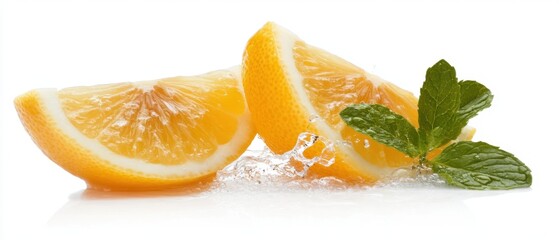 Poster - Lemon Wedges Splash with Fresh Mint Isolated on White Background Close Up Studio Shot Refreshing Citrus Fruit