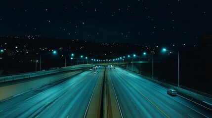 Poster - A view of an empty expressway at night, illuminated by streetlights, with traffic flowing smoothly under a starry sky