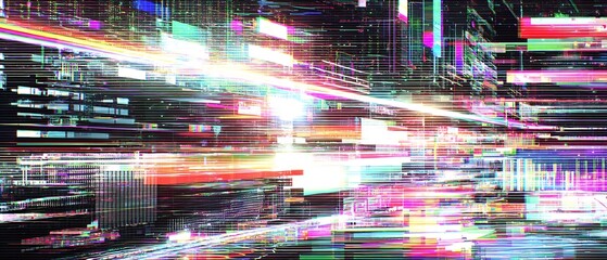 Fototapete - Cybernetic Cityscape: A dynamic digital rendering with glowing lines and blocks