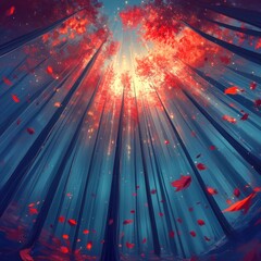 Poster - Forest canopy perspective with falling red leaves and sun rays in autumn season artistic digital painting