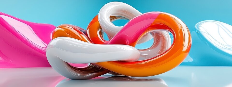 Abstract Intertwined Glossy Shapes in Pink Orange and White