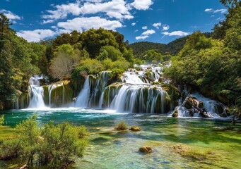 Wall Mural - a wide-angle photo of the cascading waterfalls at krka national park in croatia, with lush greenery