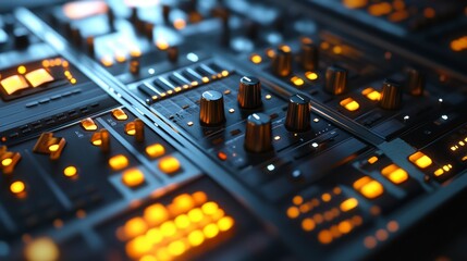 Poster - Close-up of futuristic control panel with glowing buttons and knobs.