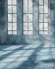 Aufkleber - Empty blue room with three windows casting light shadows on the floor, architectural interior studio shot