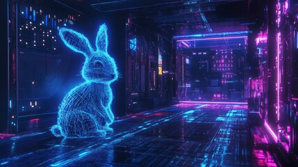 Leinwandbilder - Neon-lit hallway with a glowing wireframe rabbit.